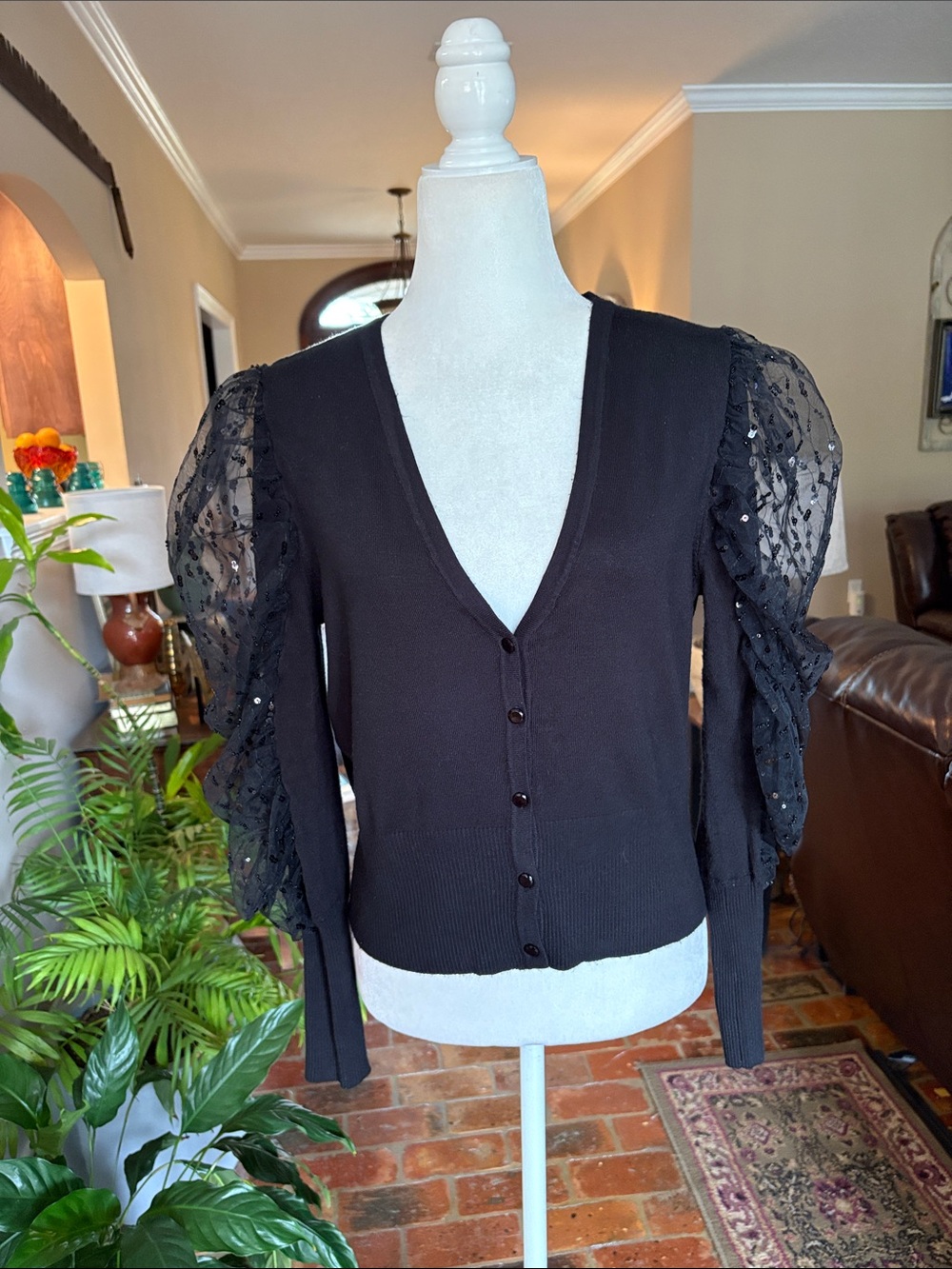 Joseph A. black sheer puff sleeve button up v- neck cardigan size M